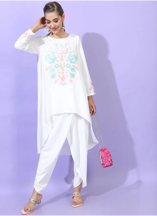 فيشود White Embroidered High-Low Kurta with Dhoti Pants by Styli
