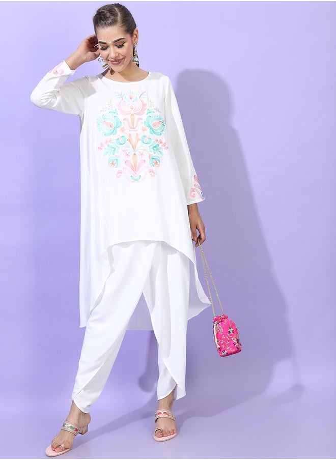 Vishudh White Embroidered High-Low Kurta with Dhoti Pants by Styli  - Image 1