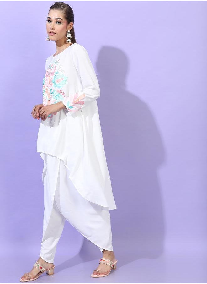 Vishudh White Embroidered High-Low Kurta with Dhoti Pants by Styli  - Image 5