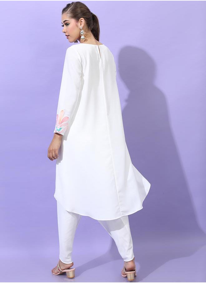 Vishudh White Embroidered High-Low Kurta with Dhoti Pants by Styli  - Image 3