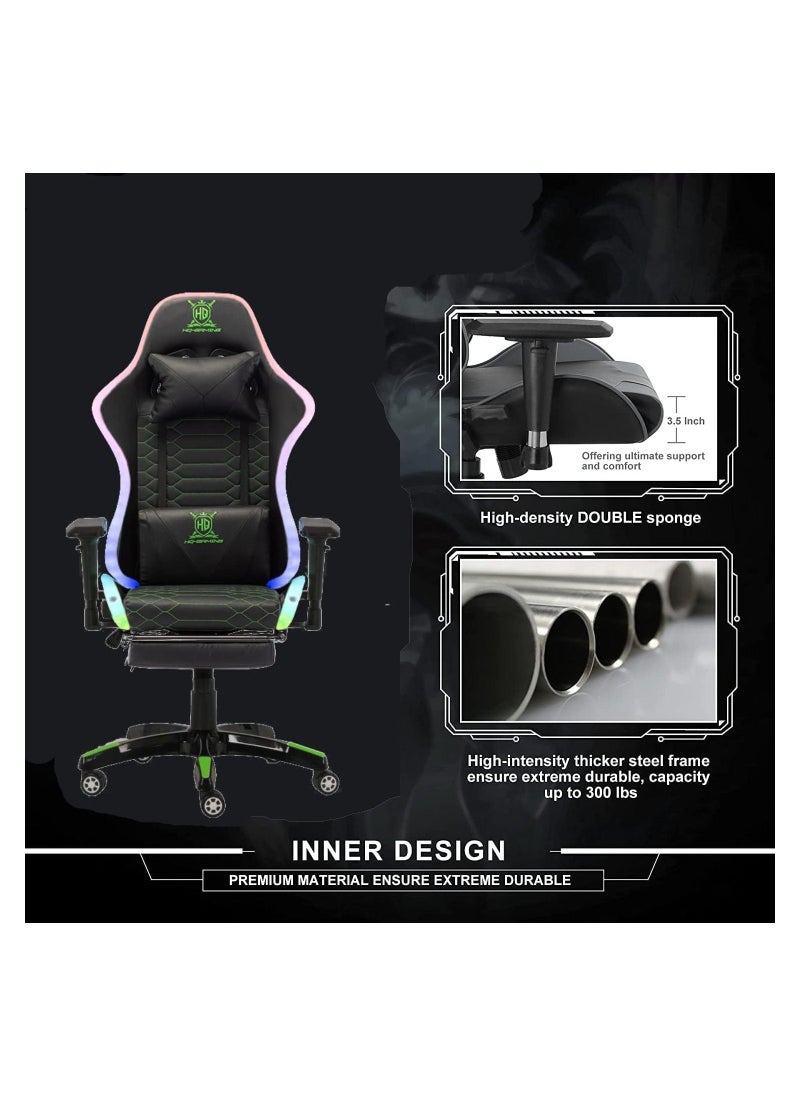HQ-GAMING - RGB Gaming Chair  Gaming Chair with LED Light  Ergonomic Bluetooth Gaming Chair with Lumbar Support for Retractible Footrest and Backrest Adjustable (Black) - Image 1