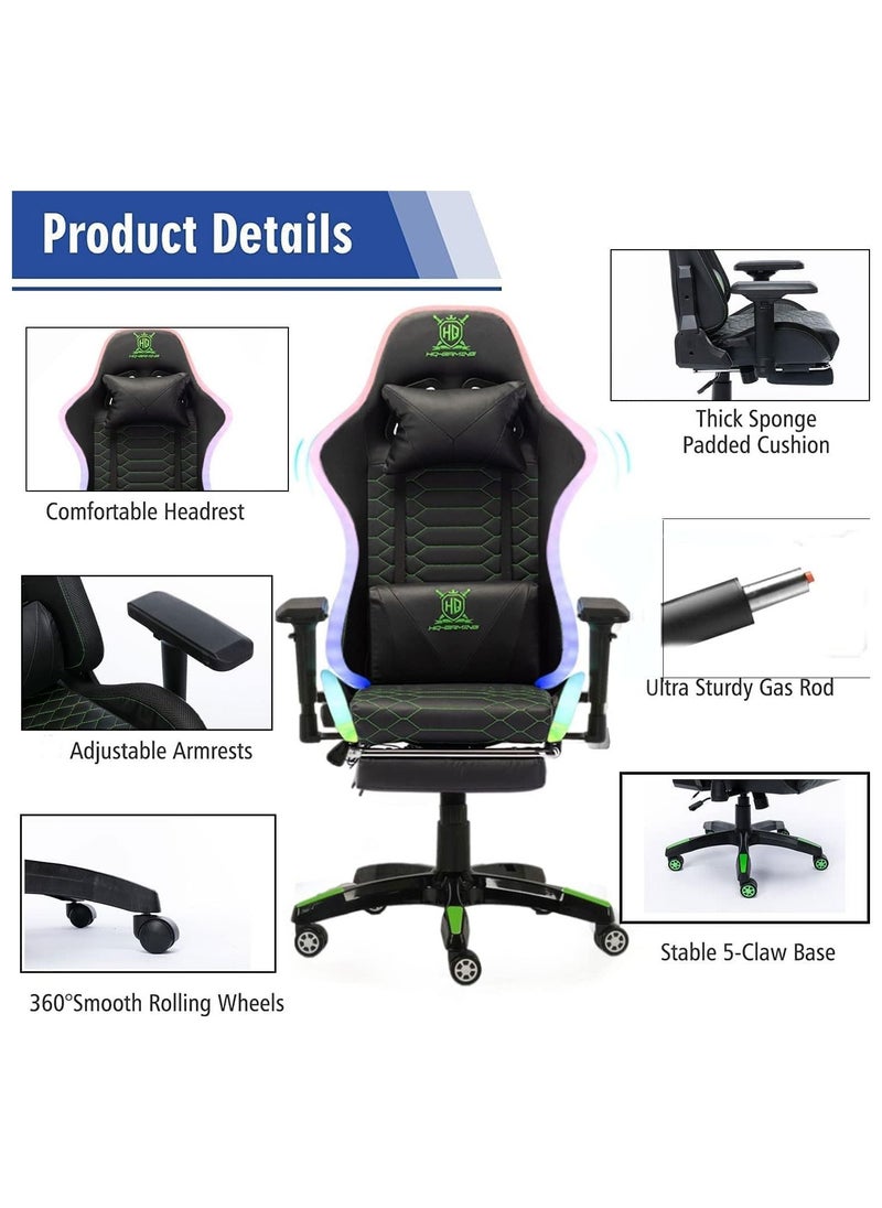 HQ-GAMING - RGB Gaming Chair  Gaming Chair with LED Light  Ergonomic Bluetooth Gaming Chair with Lumbar Support for Retractible Footrest and Backrest Adjustable (Black) - Image 1