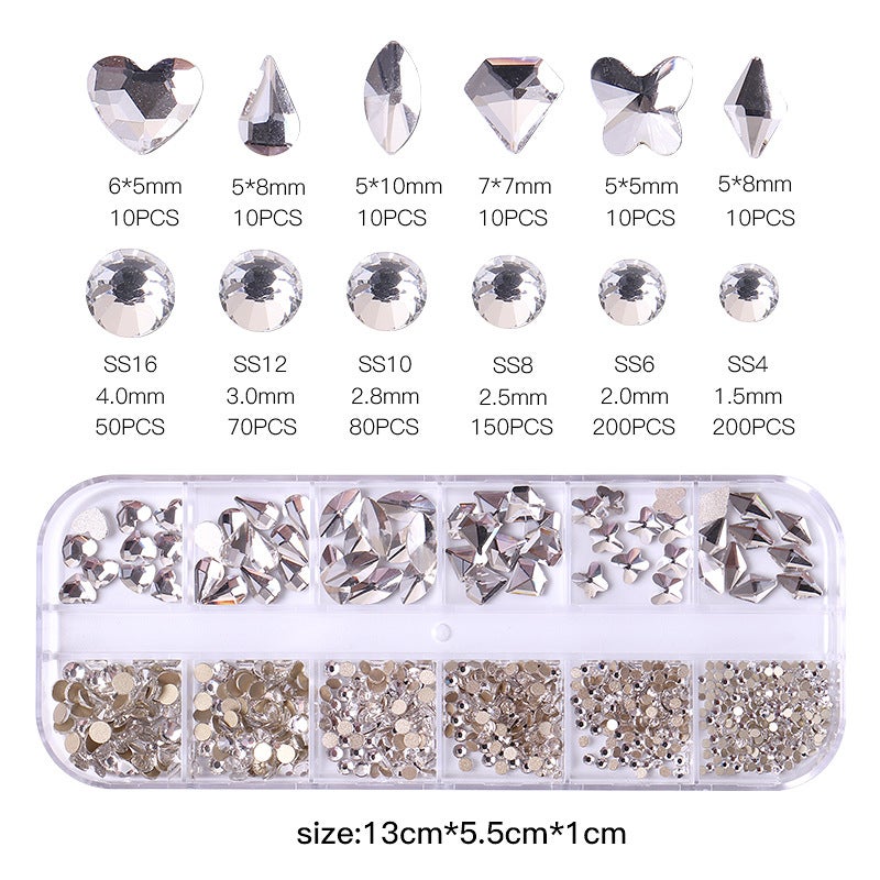 12-Grid Flat Diamonds Special-shaped Diamonds Manicure Tools Set Spot Drill Pencil + Curved Tweezers Dazzling Nail Art Decoration DIY Accessories - Image 4