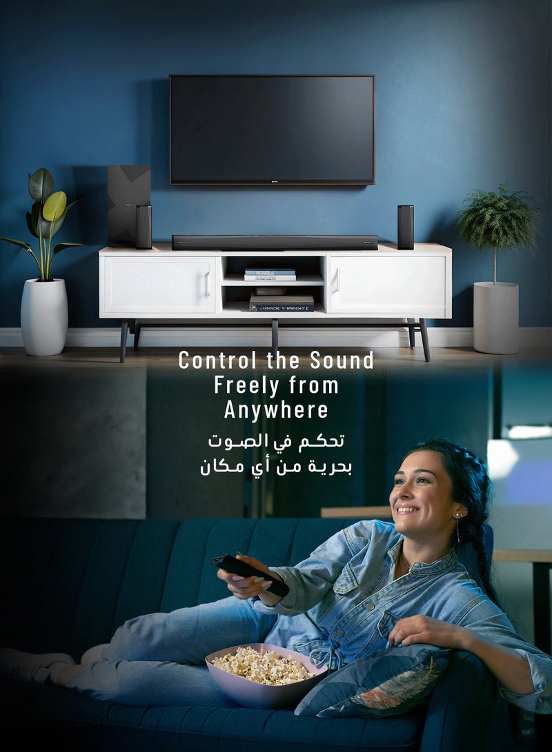 باورولوجي مكبر صوت منزلي لاسلكي 5.1 مع صوت محيطي غامر 5.1CH، تقنية Dolby Audio، قوة صوت قصوى 370 واط (P.M.P.O)، مكبر صوت قوي بقياس 6.5 بوصة، جودة سينمائية، Bluetooth 5.0، شاشة LED - أسود - Image 2