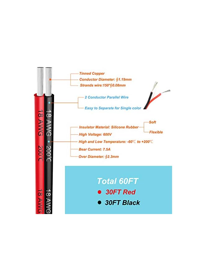 The Bros سلك كهربائي سيليكون 18 AWG 2 موصل سلك متوازي بطول 60 قدم [أسود 30 قدم أحمر 30 قدم] 18 قياس ناعم ومرن للتوصيل خيوط خالية من الأكسجين نحاس مطلي بالرصاص - Image 2