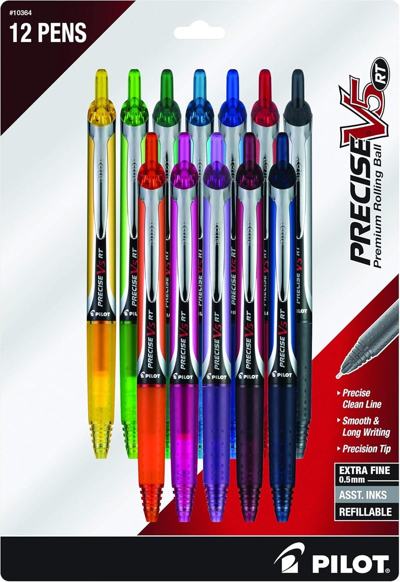 Pilot Precise V5 RT Refillable & Retractable Rolling Ball Pens, Extra Fine Point Pens, 0.5 mm, Assorted, Pack of 12 - Ideal for School, Journaling & Office Writing - Image 1