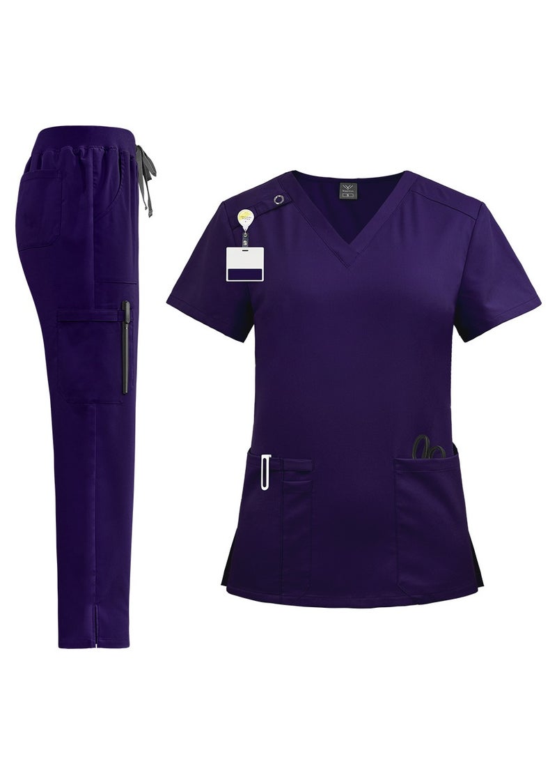 Loquat Unisex Medical Uniform Scrubs 2 Piece Set V-Neck Top and Elastic Waist Pants Suit Dark Purple  - Image 1