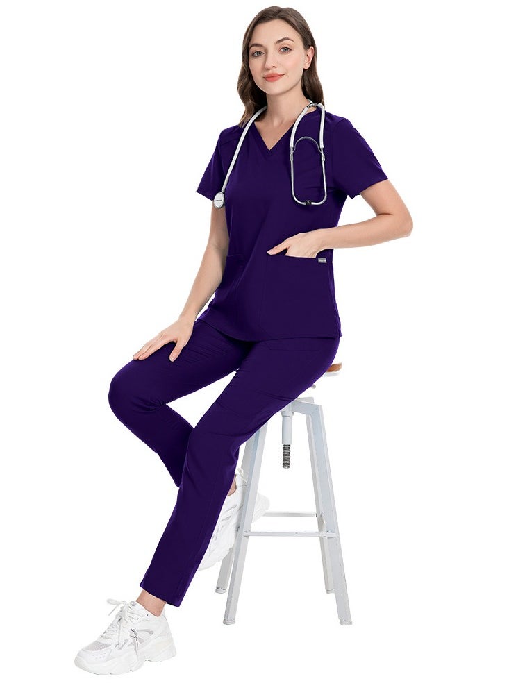 Loquat Unisex Medical Uniform Scrubs 2 Piece Set V-Neck Top and Elastic Waist Pants Suit Dark Purple  - Image 2