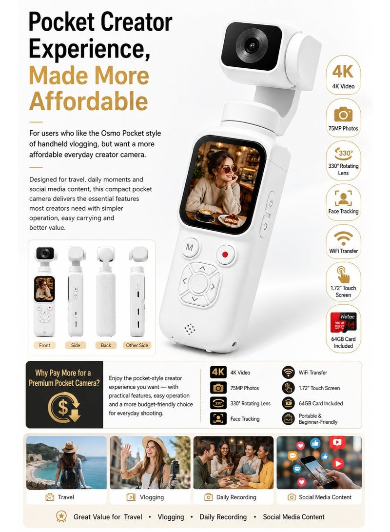 Milatech 4K 75MP Pocket Camera for Vlogging, DJI Pocket Affordable Alternative, Osmo Pocket style, Handheld Vlog Camera with 330° Rotating Lens, WiFi, Face Tracking, 1.72" Touch Screen, 64GB TF Card, Portable Pocket Camcorder for Travel & Daily Recording - Image 2
