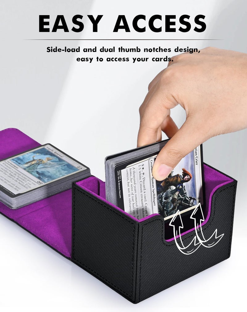 ZLCA Card Deck Box for Trading Cards, MTG Commander Deck Box Holds 120+ Single Sleeved, Leather Magnetic Card Storage Case Fits for TCG CCG Magic (Black& Purple) - Image 3
