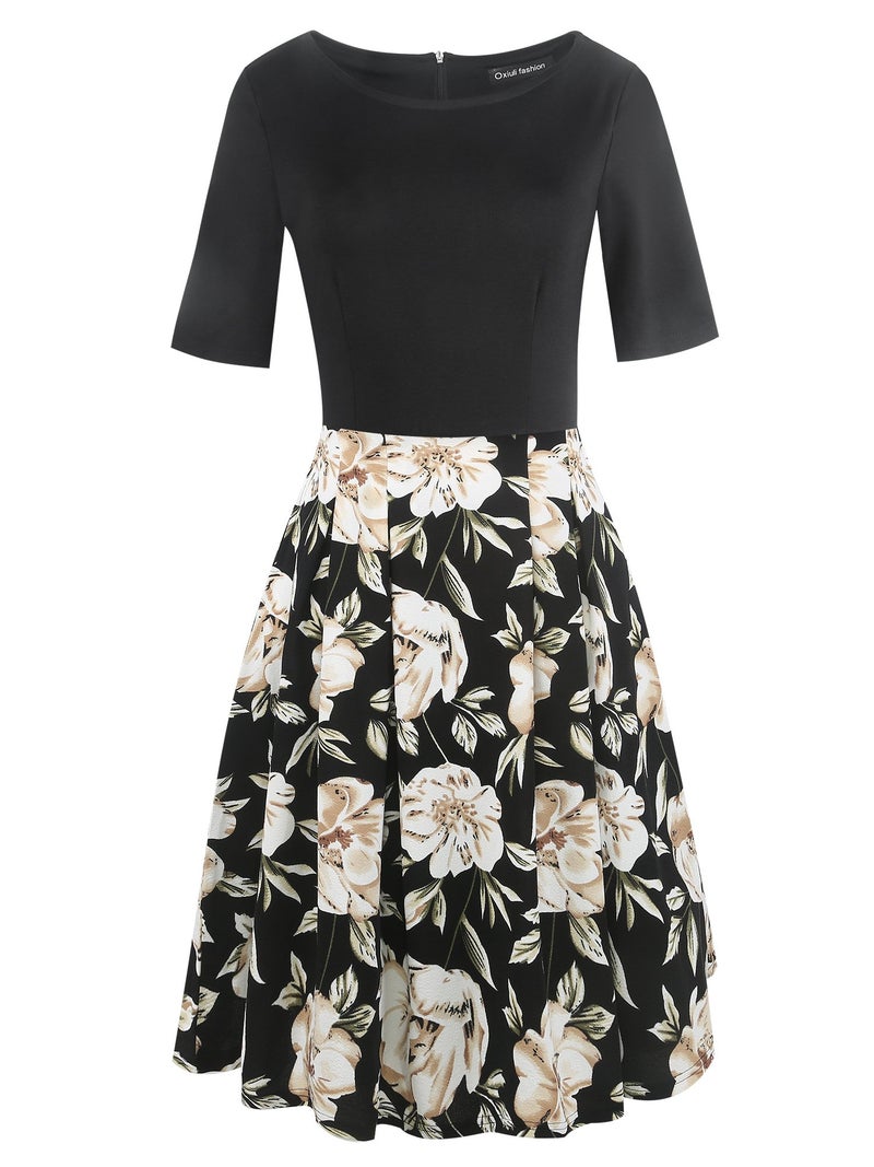 oxiuly Women's Vintage Patchwork Pockets Puffy Swing Casual Party Dress OX165 (Black Khaki, x_l) - Image 3