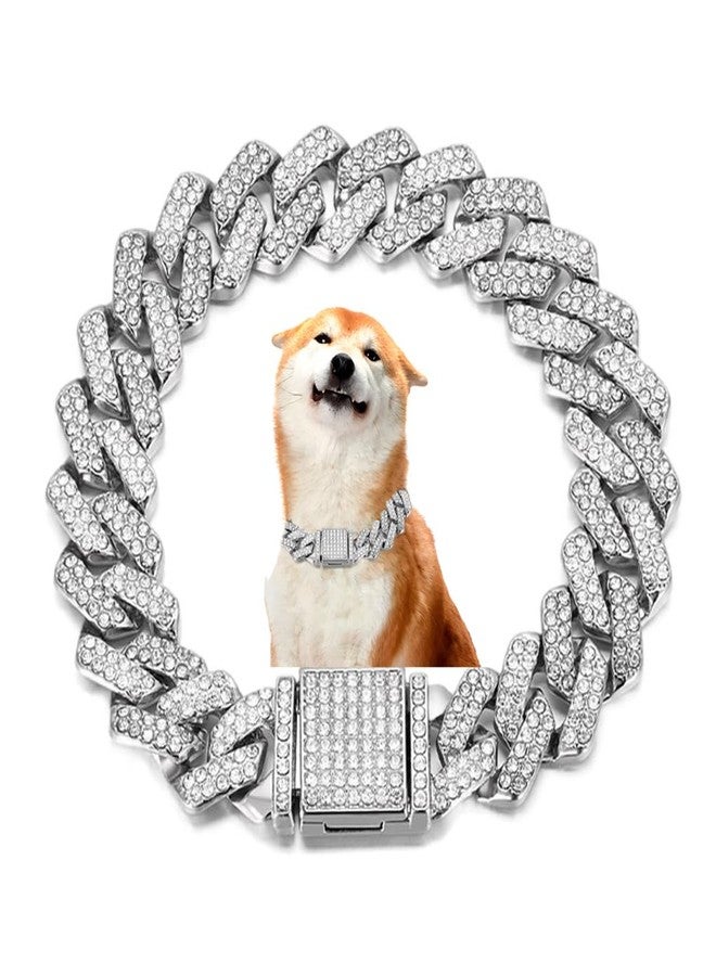 WeimoMonkey Dog Chain Necklace, Cuban Link Dog Collar, Dogs Jewelry Diamond Glitter Rhinestone Metal Choke 14mm Wide Pet for Puppy Small Medium Large Dogs Silver (16inch) - Image 1