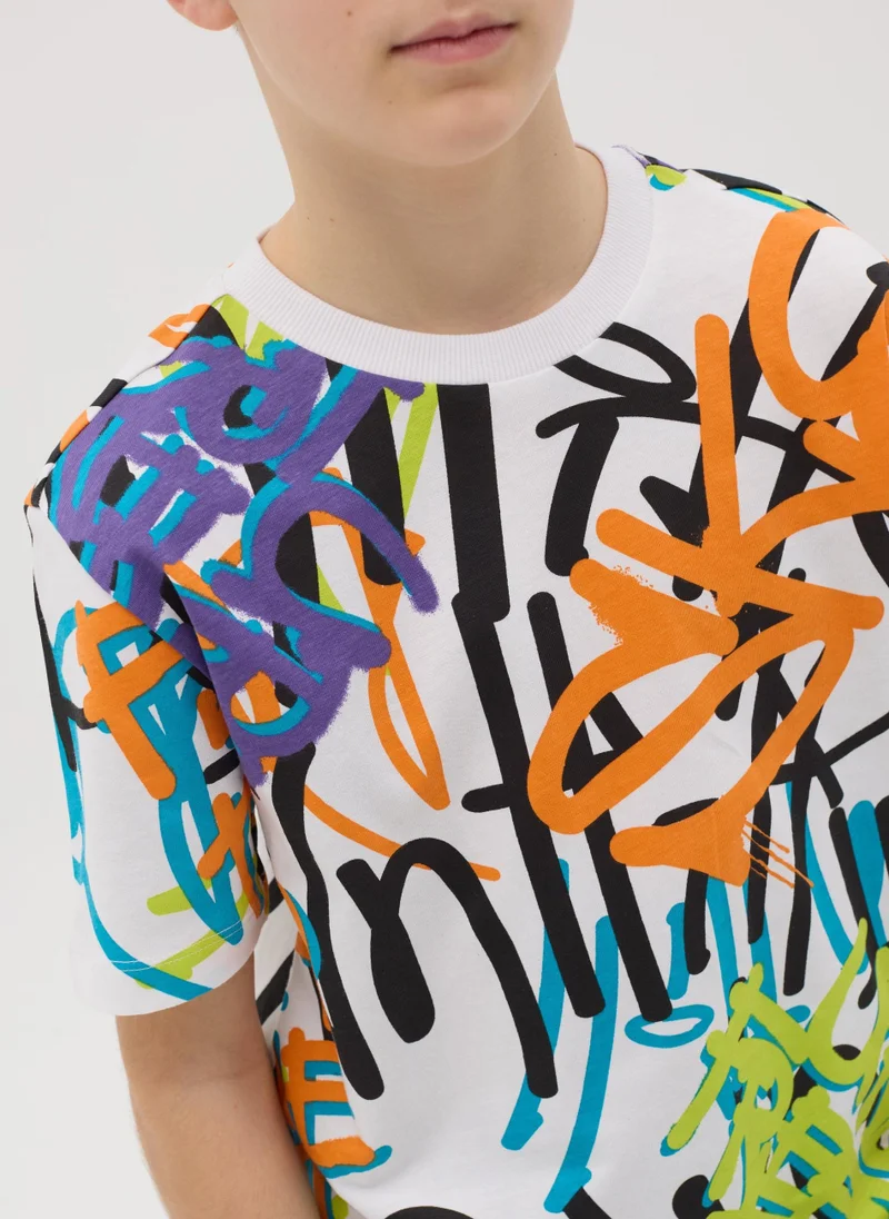 او في اس Cotton T-Shirt With Graffiti Print