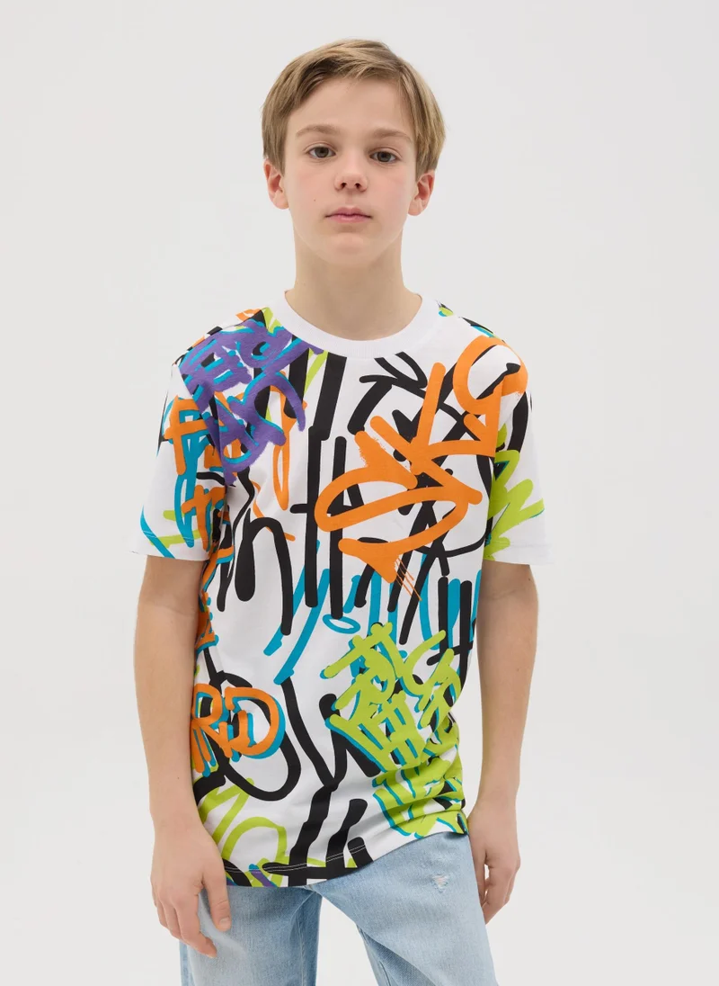 او في اس Cotton T-Shirt With Graffiti Print
