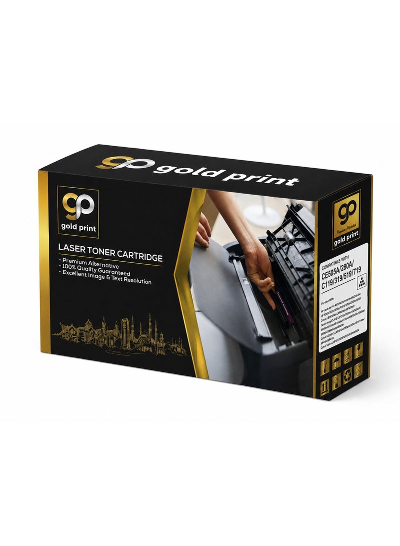 طباعة الذهب Gold Print Premium Toner Cartridge CE505A 05A Universal CF280 80A Compatible for HP LaserJet Pro 400,  M401, M425 HP P2030, 2035, 2035n, P2050, 2055d, 2055n, 2055x, Canon LBP6300dn, LBP6650dn, MF5870dnn, Canon imageCLASS LBP251dw, 252dw, 253dw, 253X, 6300dn, 6650dn, 6670dn, MF414dw, 419dw, 416dw, MF5850dn, 5880dn, 5950dw, 5960dn, Canon i-SENSYS LBP251dw, 252dw, 253x, MF411dw, MF416dw, MF418x, MF419x, Canon Satera LBP251, 252, 6300, 6330, 6340, 6600 - Image 1
