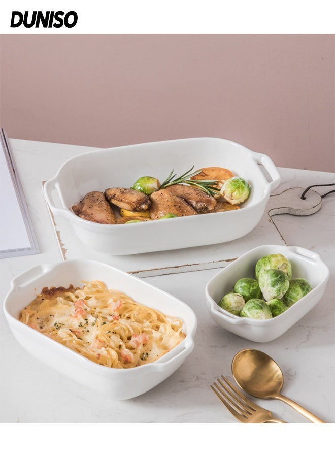 DUNISO 3 قطع أدوات مائدة خزفية مقاومة للحرارة ثنائية الأذن منزلية ، صينية خبز مستطيلة 6/8/10 بوصة ، أدوات مائدة للاحتفالات والاستخدام اليومي (أبيض) - Image 1