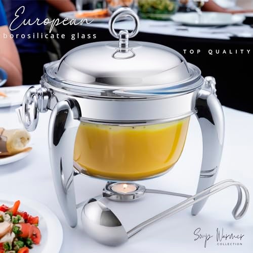 Galashield 4 QT Soup Warmer | Soup Tureen for Parties Buffet, Stainless Steel Soup Chafer with Glass Serving Dish and Ladle - Image 3