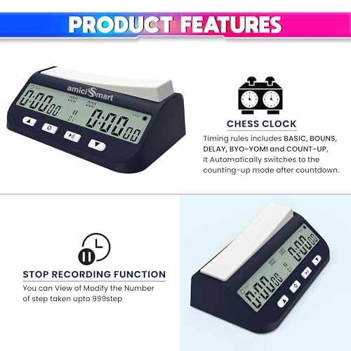 amiciSmart Professional Chess Clock Timer with 5 Modes: BASIC, BONUS, DELAY, BYO-YOMI, COUNT-UP - Image 5