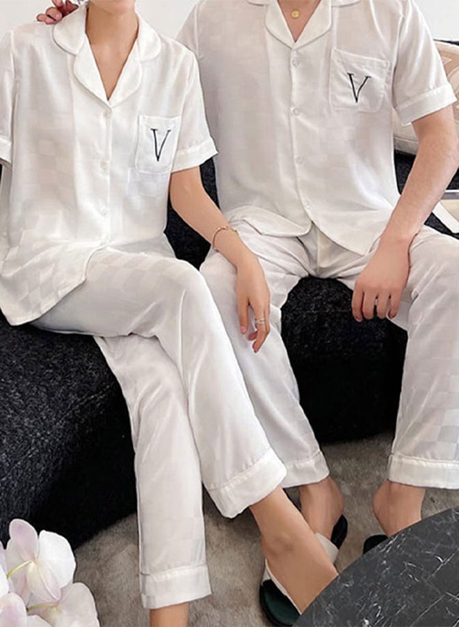 MARGOUN Couple Cotton Pajamas Set with Long Sleeve Top and Pants, Women Men Sleepwear Loungewear Nightwear White MG08 - Image 1