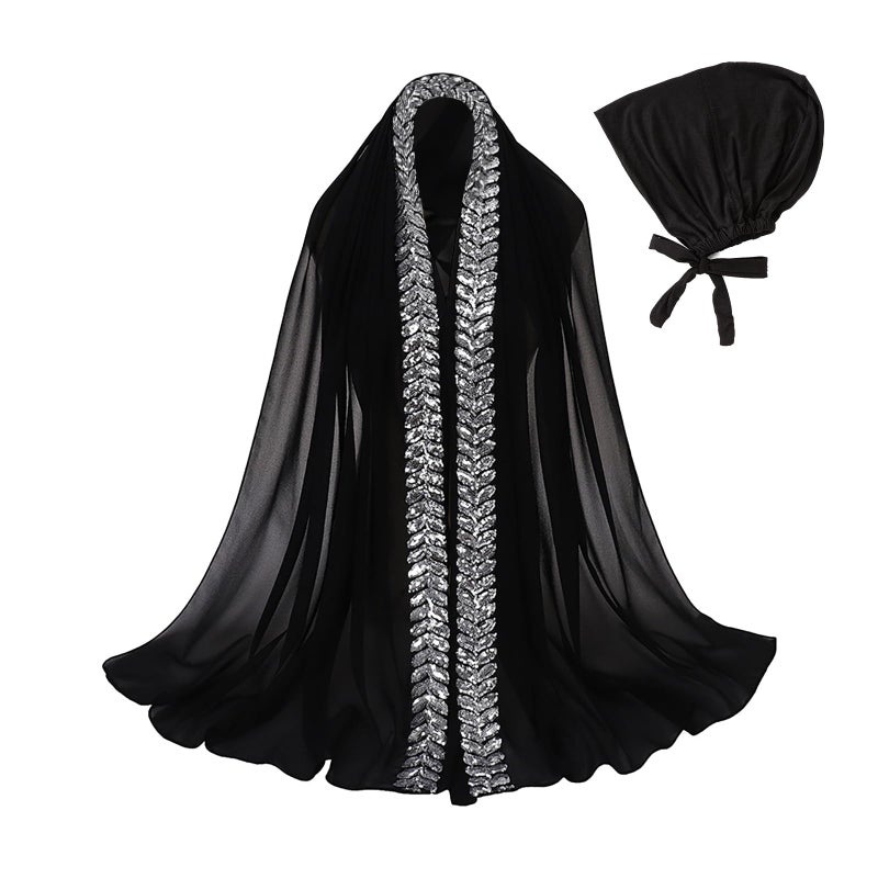 PURFUN Women Sparkly Sequins Instant Scarf Inner Cap Set Solid Color Chiffon Hijab Stretchy Modal Bonnet Under Cap Islamic Arab Middle East Ramadan Eid Muslim Turban Head Scarf Wrap Headwear