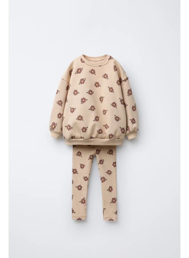 Magu Girls' Cotton Beige Floral-Print Sweatshirt and Leggings Set - Soft Texture