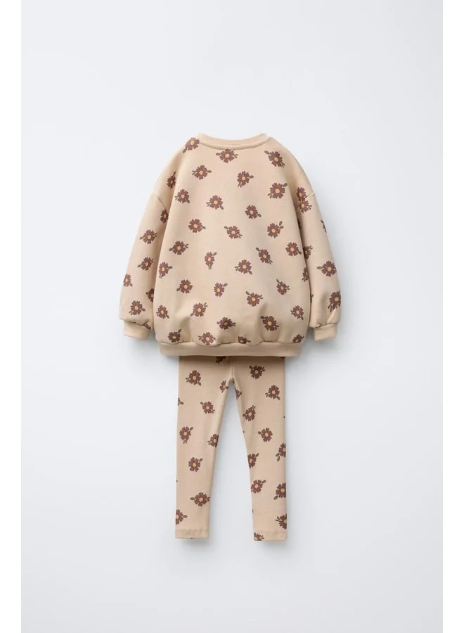 Magu Girls' Cotton Beige Floral-Print Sweatshirt and Leggings Set - Soft Texture
