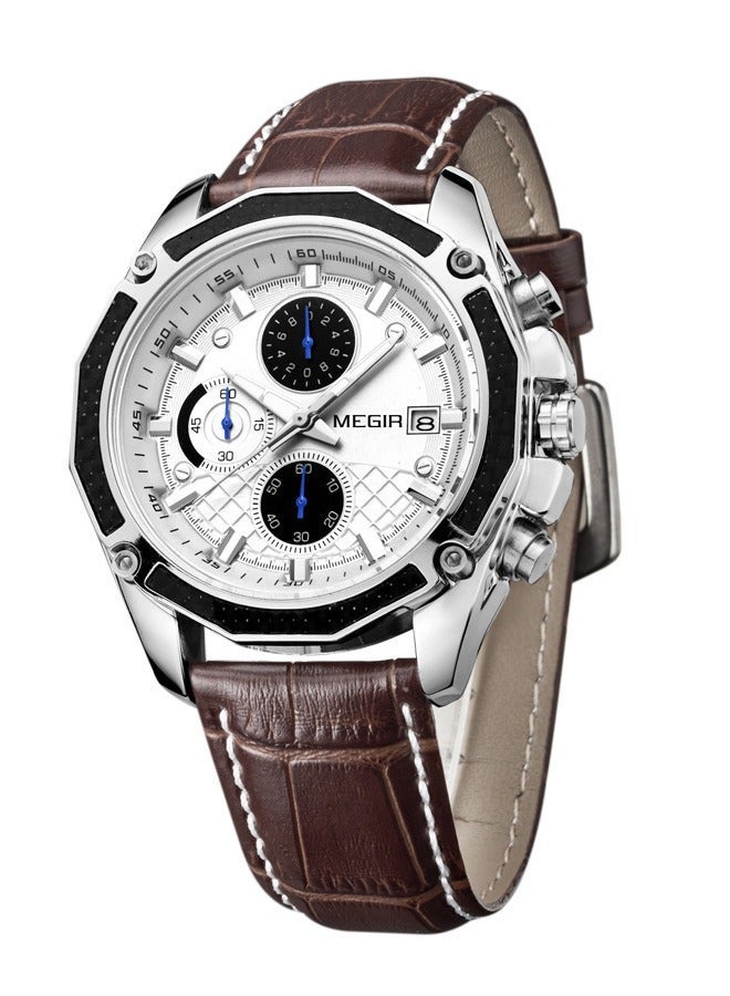 MEGIR Men's Leather Analog Watch 2015 - Genuine Strap Stainless Steel Case Quartz Movement 30M Water Resistant Ideal for Business & Casual Wear - Image 1