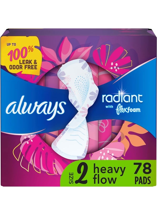Always Radiant Feminine Pads For Women, Size 2 Heavy Flow Absorbency, Multipack, With Flexfoam, With Wings, Light Clean Scent, 26 Count x 3 Packs (78 Count total) - Image 1