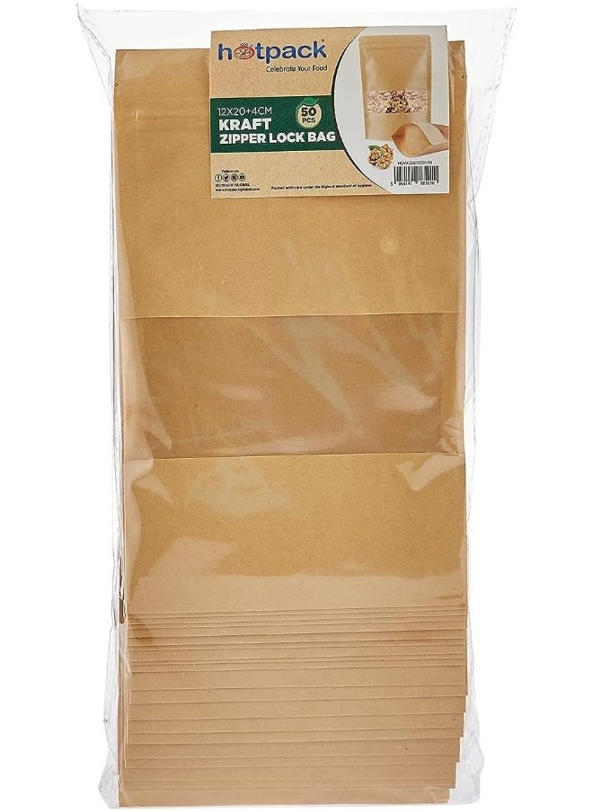 Hotpack حقيبة طعام ورقية قابلة للإغلاق بإعادة الاستخدام من كرافت هوت باك 10x15+3 سم 50 قطعة  - Image 1