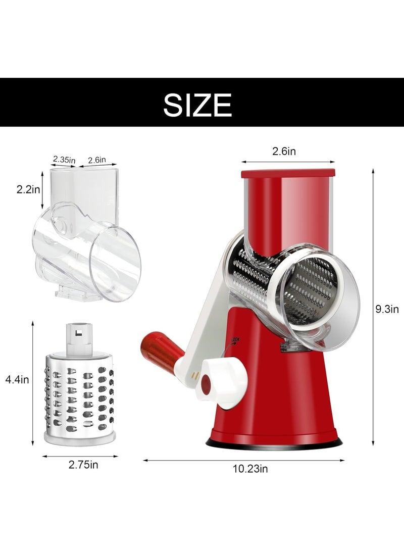 هابي هوم مبشرة جبن يدوية بمقبض - مبشرة دوارة من الفولاذ المقاوم للصدأ 3 في 1 ومفرمة للجبن والخضروات والمكسرات والشوكولاتة - مطحنة طعام يدوية سهلة الاستخدام مع قطاعة أسطوانية (أحمر) - Image 5