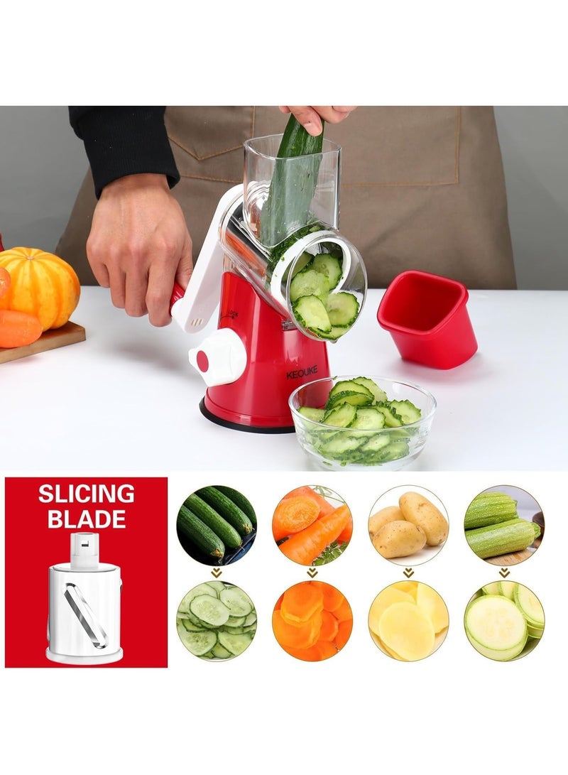 هابي هوم مبشرة جبن يدوية بمقبض - مبشرة دوارة من الفولاذ المقاوم للصدأ 3 في 1 ومفرمة للجبن والخضروات والمكسرات والشوكولاتة - مطحنة طعام يدوية سهلة الاستخدام مع قطاعة أسطوانية (أحمر) - Image 4