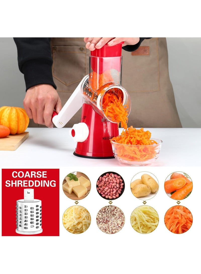 هابي هوم مبشرة جبن يدوية بمقبض - مبشرة دوارة من الفولاذ المقاوم للصدأ 3 في 1 ومفرمة للجبن والخضروات والمكسرات والشوكولاتة - مطحنة طعام يدوية سهلة الاستخدام مع قطاعة أسطوانية (أحمر) - Image 2