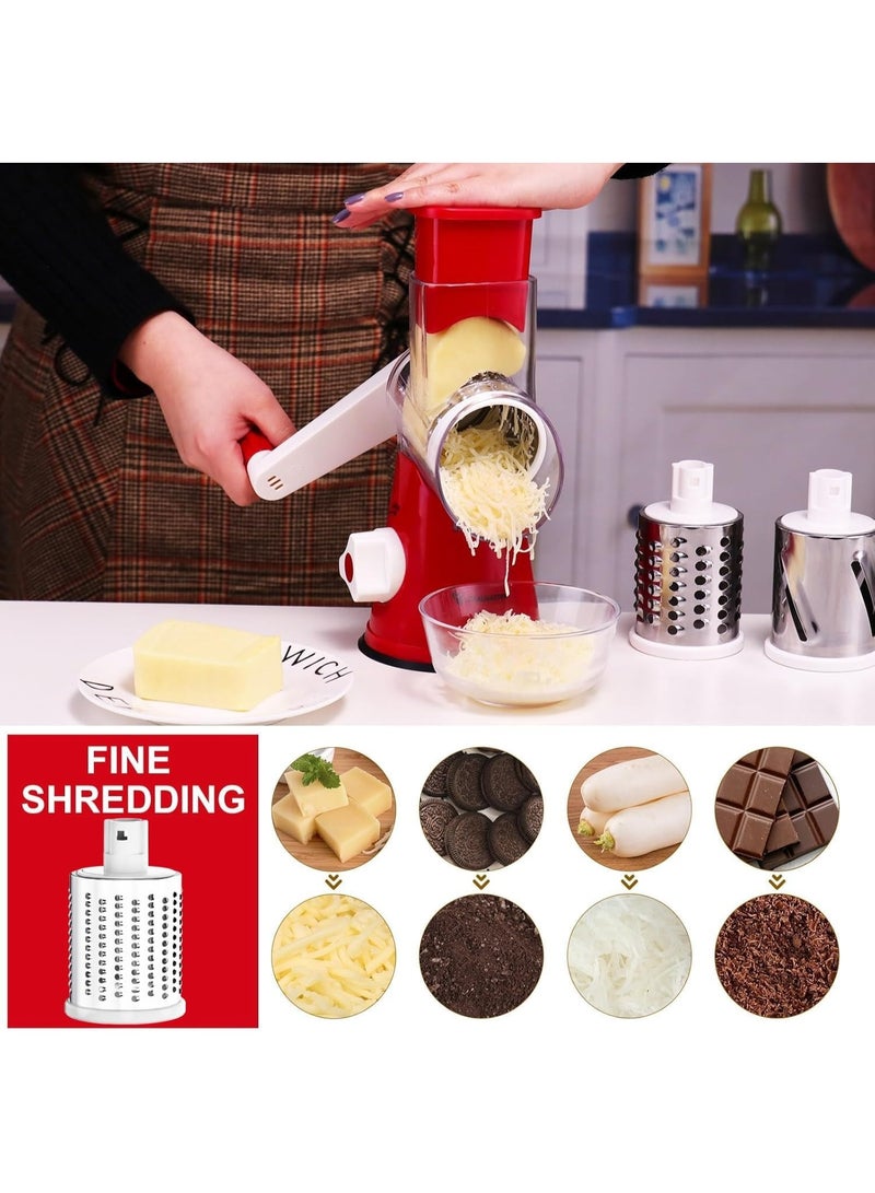 هابي هوم مبشرة جبن يدوية بمقبض - مبشرة دوارة من الفولاذ المقاوم للصدأ 3 في 1 ومفرمة للجبن والخضروات والمكسرات والشوكولاتة - مطحنة طعام يدوية سهلة الاستخدام مع قطاعة أسطوانية (أحمر) - Image 3
