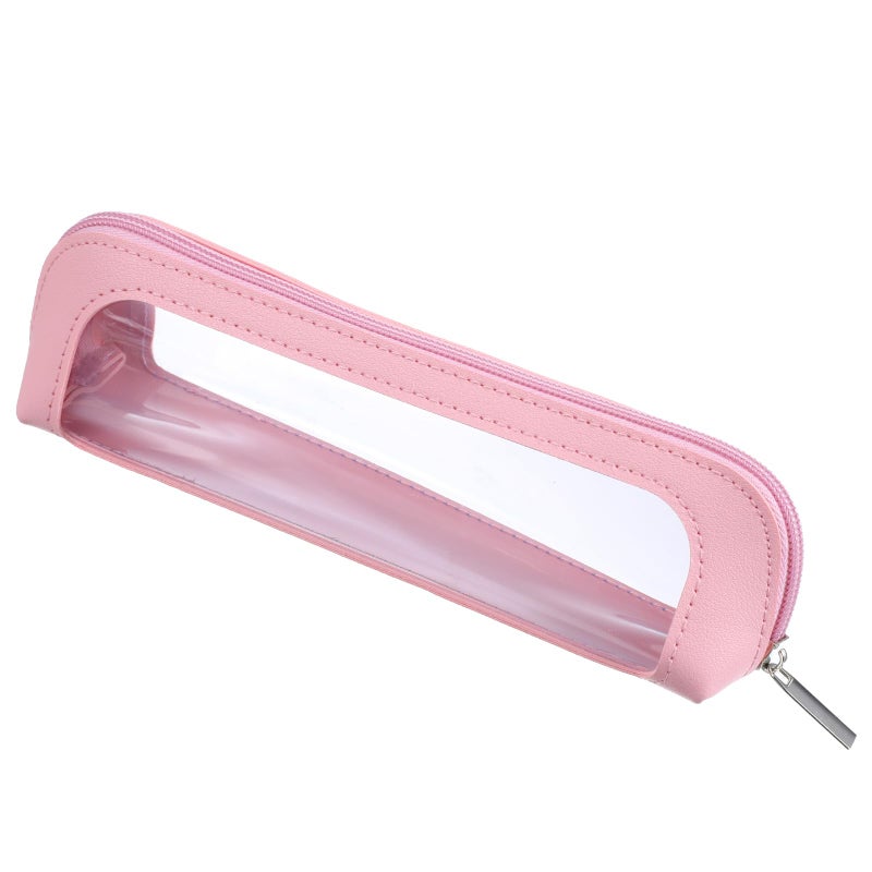 Psyqtsuary Small Clear Makeup Bag, PU Leather Travel Makeup Brush Bag Portable Transparent Waterproof Cosmetic Organizer Pouch with Zipper for Women Home Travel Office Cosmetic Storage (Pink) - Image 1