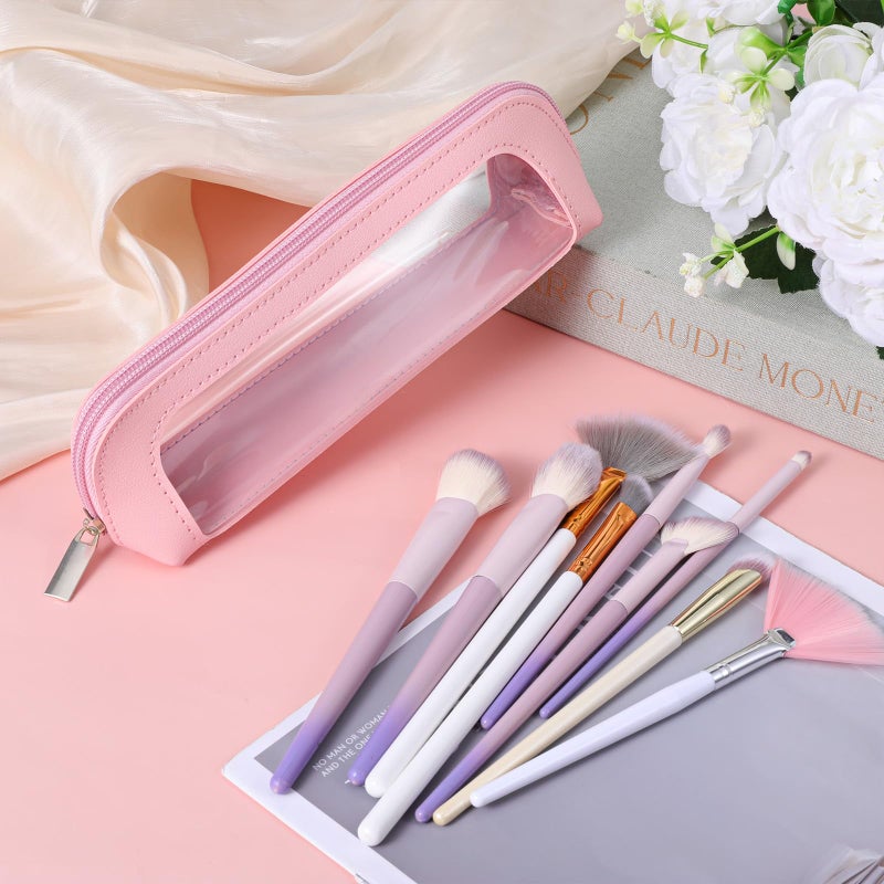 Psyqtsuary Small Clear Makeup Bag, PU Leather Travel Makeup Brush Bag Portable Transparent Waterproof Cosmetic Organizer Pouch with Zipper for Women Home Travel Office Cosmetic Storage (Pink) - Image 4