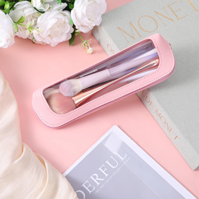 Psyqtsuary Small Clear Makeup Bag, PU Leather Travel Makeup Brush Bag Portable Transparent Waterproof Cosmetic Organizer Pouch with Zipper for Women Home Travel Office Cosmetic Storage (Pink) - Image 3