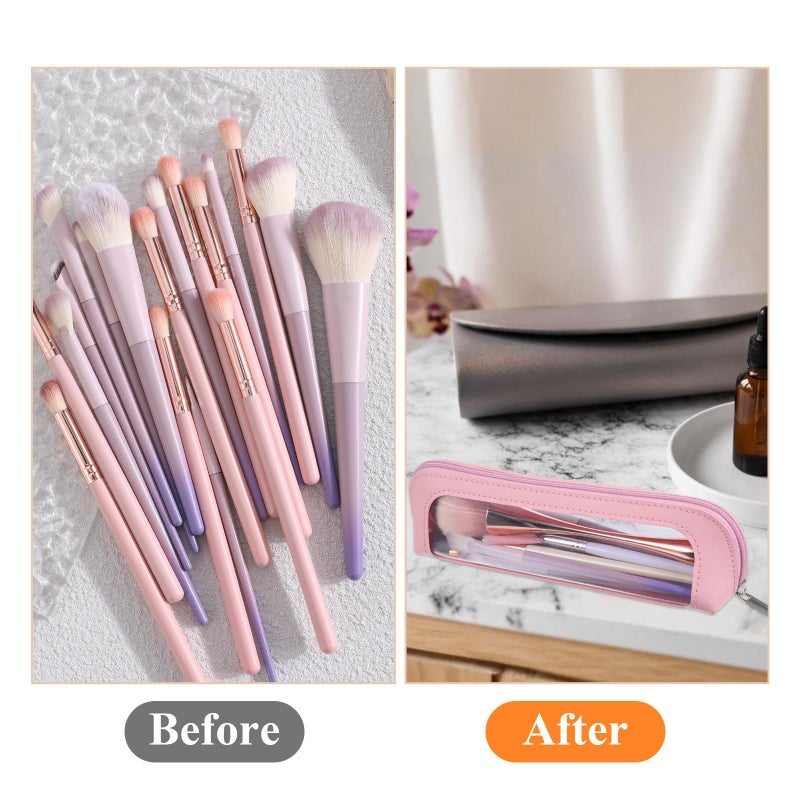 Psyqtsuary Small Clear Makeup Bag, PU Leather Travel Makeup Brush Bag Portable Transparent Waterproof Cosmetic Organizer Pouch with Zipper for Women Home Travel Office Cosmetic Storage (Pink) - Image 5