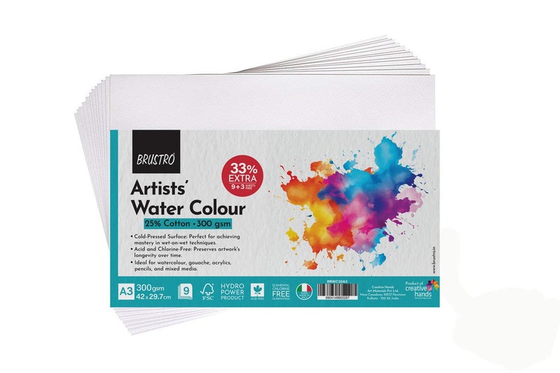 BRUSTRO Artists 25% Cotton Watercolour Paper| 300 GSM,Size A3, Cold Pressed | Pack of 12 Sheets| Ideal for Artist, Professional Drawing, Painting Dry & Wet, Fine Arts Students - Image 4