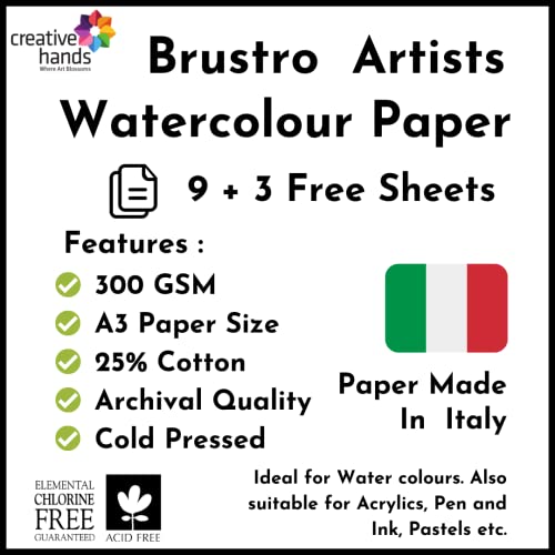 BRUSTRO Artists 25% Cotton Watercolour Paper| 300 GSM,Size A3, Cold Pressed | Pack of 12 Sheets| Ideal for Artist, Professional Drawing, Painting Dry & Wet, Fine Arts Students - Image 2