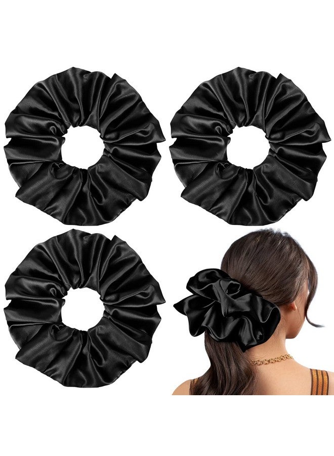 CEELGON 9.5 Inch Silk Scrunchies Oversized Scrunchie Jumbo Scrunchies Giant Silk Scrunchie Extra Large Satin Scrunchies Thick Elastic Fluffy Hair Ties For Women And Girls 3 Pack (Black Black Black) - Image 1