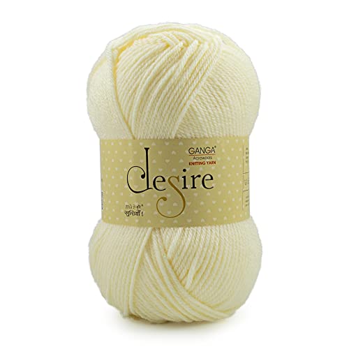 Ganga Acrowools Acrylic Desire Hand Knitting and Crochet Yarn. Pack of 1 Ball - 100Gms. Shade No - Dsr004, Cream - Image 1
