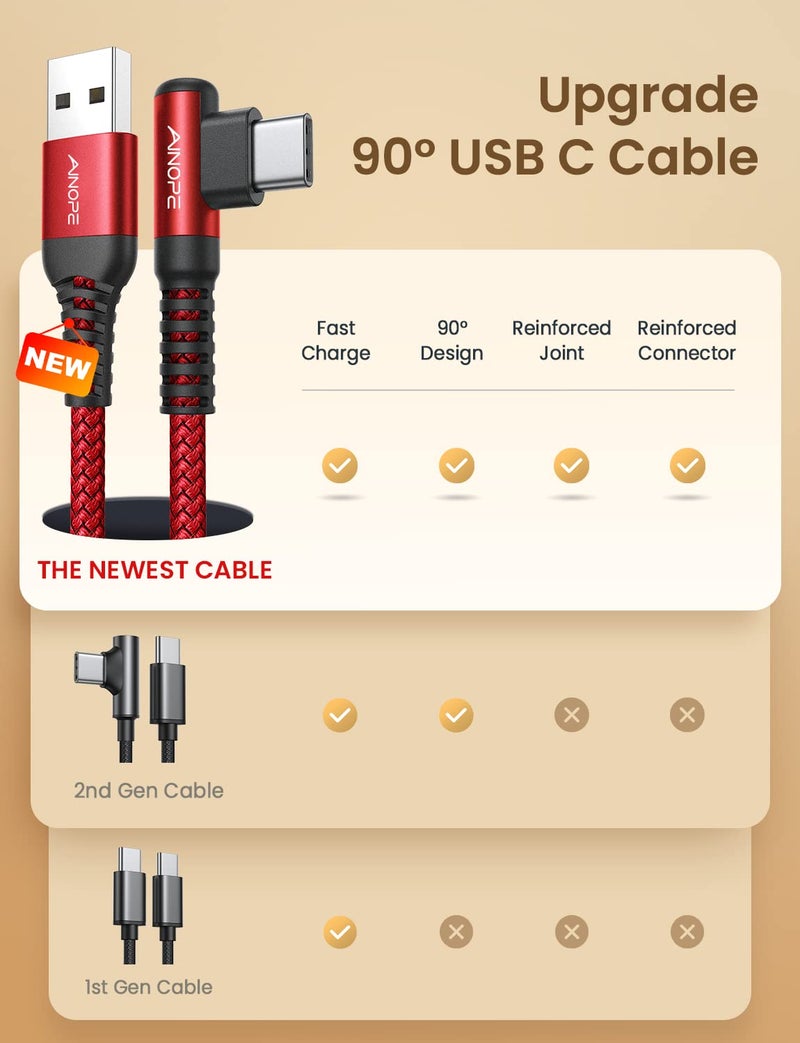 AINOPE USB Type C Cable [2-Pack, 6.6ft] 3.1A USB Fast Charge Cable Right Angleï¼ŒResistant Nylon Braided USB C Charging Cable Compatible with Galaxy S10 S9 S8 Plus S21, Note 10 9 8, V20 - Image 2
