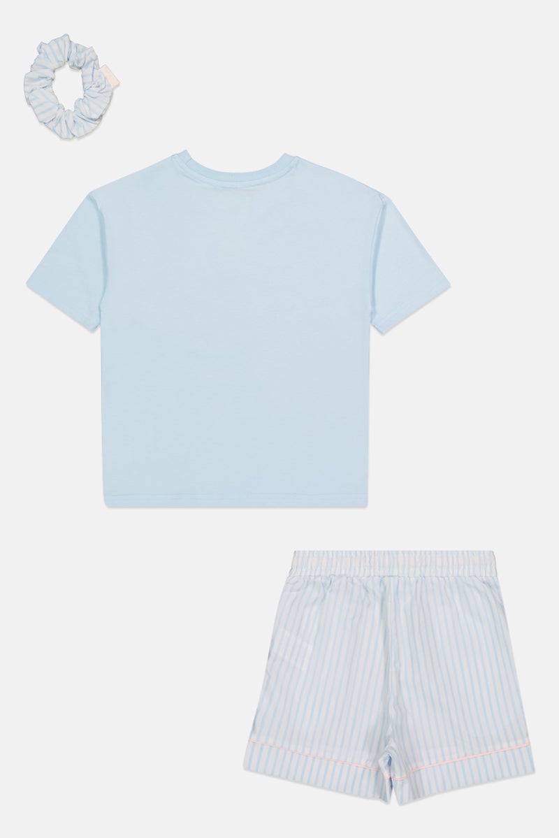 Fudo Lounge By Fudo Kids Girl 3 Pieces Embroidered Logo Top And Shorts With Scruchie Pyjama Set, Multicolor - Image 3