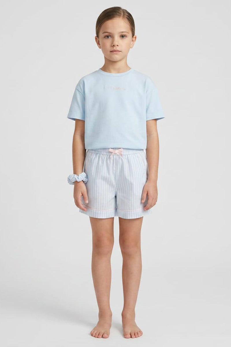 Fudo Lounge By Fudo Kids Girl 3 Pieces Embroidered Logo Top And Shorts With Scruchie Pyjama Set, Multicolor - Image 1