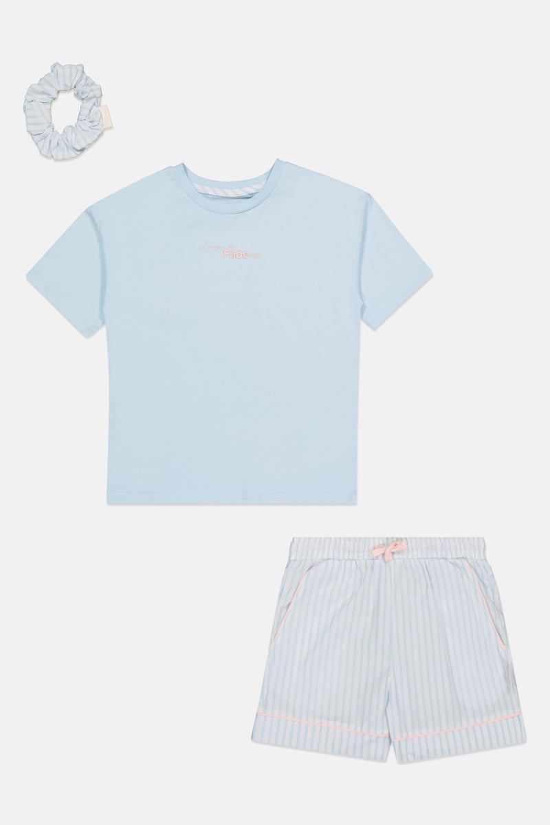 Fudo Lounge By Fudo Kids Girl 3 Pieces Embroidered Logo Top And Shorts With Scruchie Pyjama Set, Multicolor - Image 2