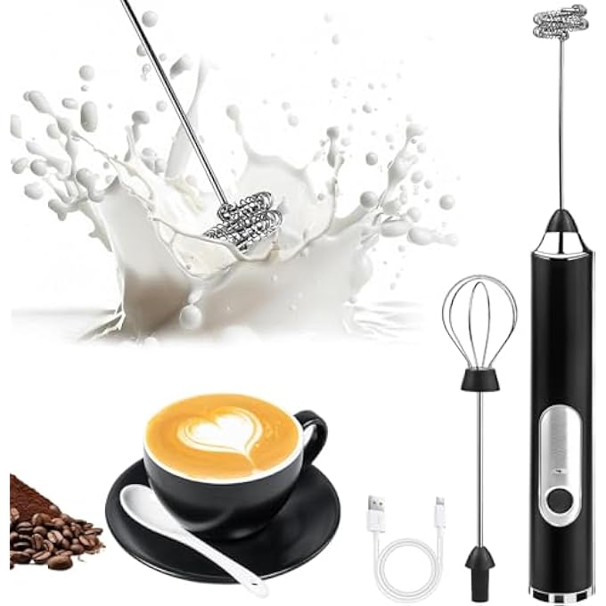 LINJIE Handheld Milk Frother Rechargeable Electric Foam Maker 3 Speed Adjustable Coffee Frother Wand With 2 Stainless Whisks For Latte Cappuccino Hot Chocolate Egg - Image 1