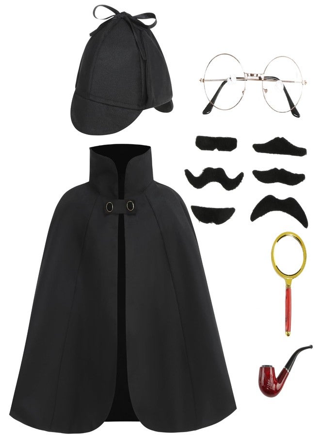 HAPNBCELE 6PCS Detective Costume Cape for Kids, Sherlock Holmes Outfit Set with Hat Halloween Christmas 100 Days of School (Black, 19.68Inch/50cm) - Image 1
