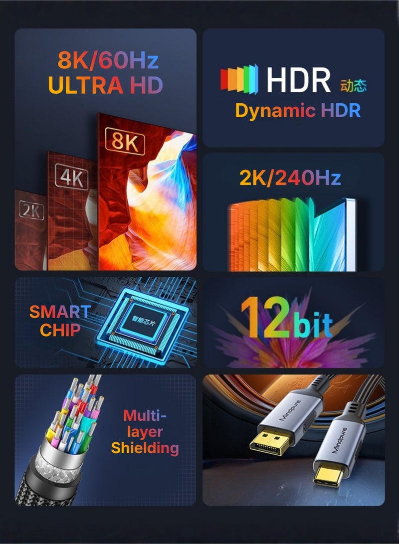 مينديبوريت كابل Mindpure من USB C إلى DisplayPort 1.4 بطول 1.2 متر، يدعم 8K@60Hz و240Hz، كابل ثندربولت 4/3 إلى ديسبلي بورت، USB C to DP، متوافق مع آيفون 17، ماك بوك، آيباد، وسامسونج جالاكسي - Image 2