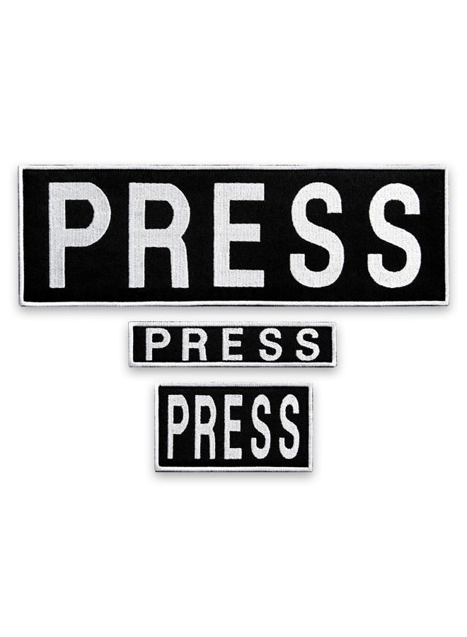 Bluyellow 3Pcs Press Patch Set, Hook and Loop Embroidered Patch for Press Vest, Tactical Body Armor, Photographer Vest, Tactical Backpack, Press Badge, Black and White, 3.2x9.8, 1x4.5, 2x3.5 Inches - Image 1
