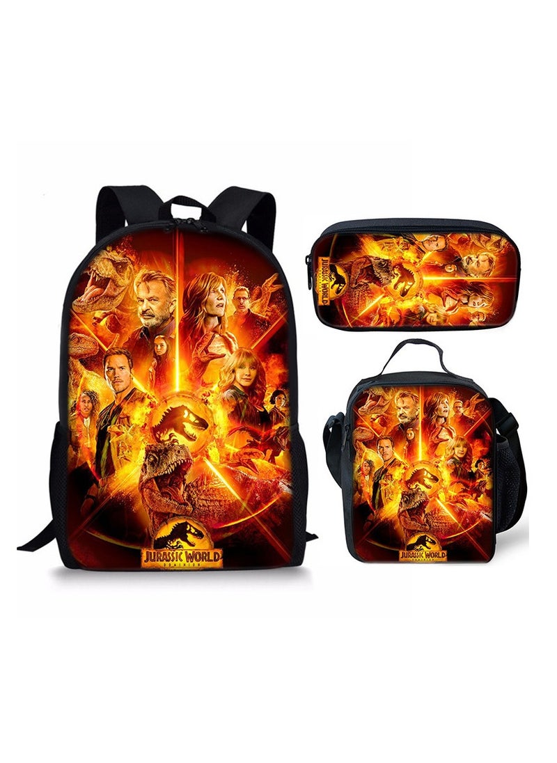JURASSIC WORLD New Jurassic Park Dinosaur Three piece Set with Large Capacity Backpack, Student School Bag, Lunch Bag, Pen Bag  - Image 1